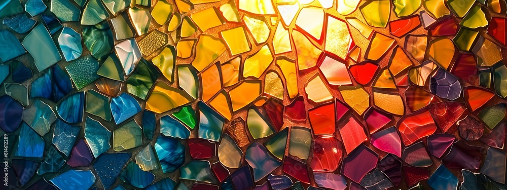 Mosaic of colored glass shards illuminated from behind. Mosaic of colored glass shards illuminated from behind.