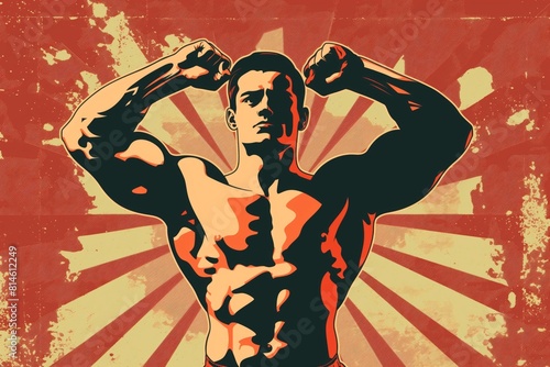 Illustration of a strong weightlifter flexing his muscles, with a vintage red background