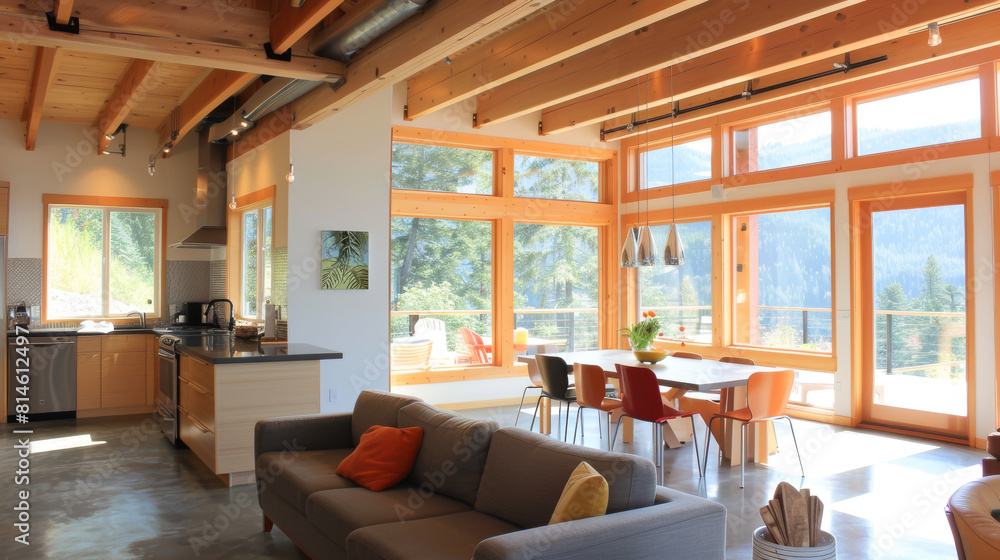 A large open living room with a couch, chairs, and a dining table A large open living room with a couch, chairs, and a dining table