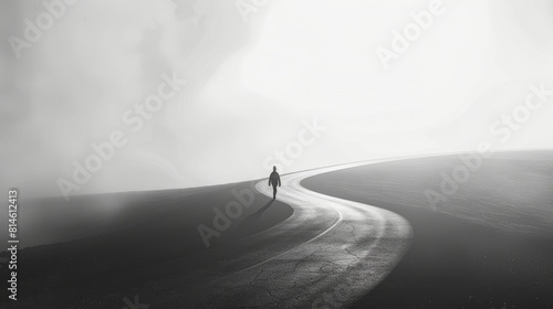 A minimalistic silhouette of a person walking alone on a long, empty road, conveying a sense of loneliness and melancholy