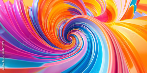 A rainbow-colored background features a spiral swirl  with three-dimensional effects  vibrant illustrations  and hues of dark pink  azure  light orange  and blue.
