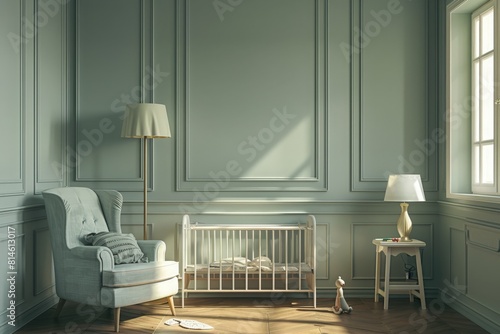 Baby crib standing between a low cupboard and an armchair, lamp and stool in child's room interior with wooden floor and grey walls with molding