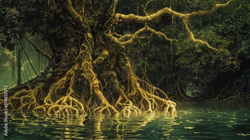 Mangrove tree roots are seen in the water, showcasing traditional craftsmanship with dark yellow and emerald hues. photo