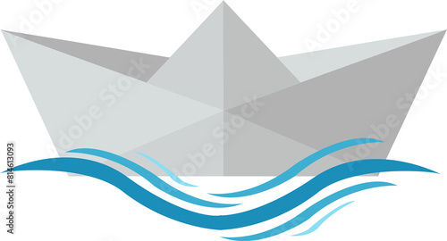 Origami d'un bateau de papier sur vagues bleues 