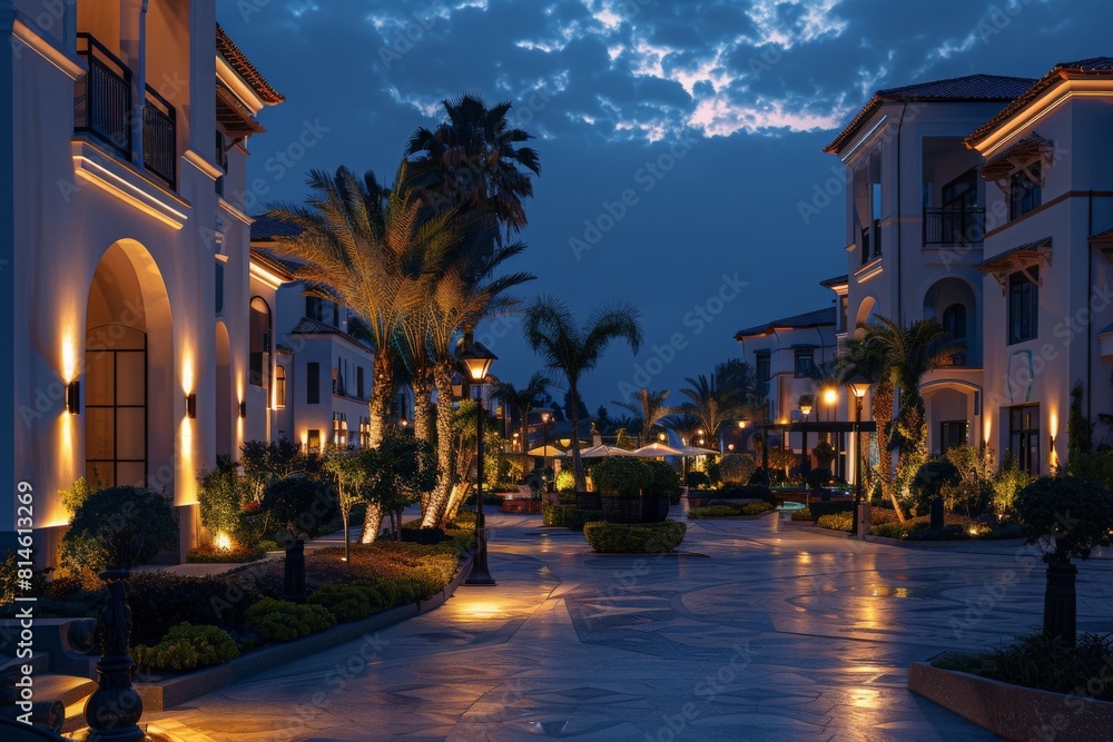 Residential District With Luxury Villas And Walking Path At Night 