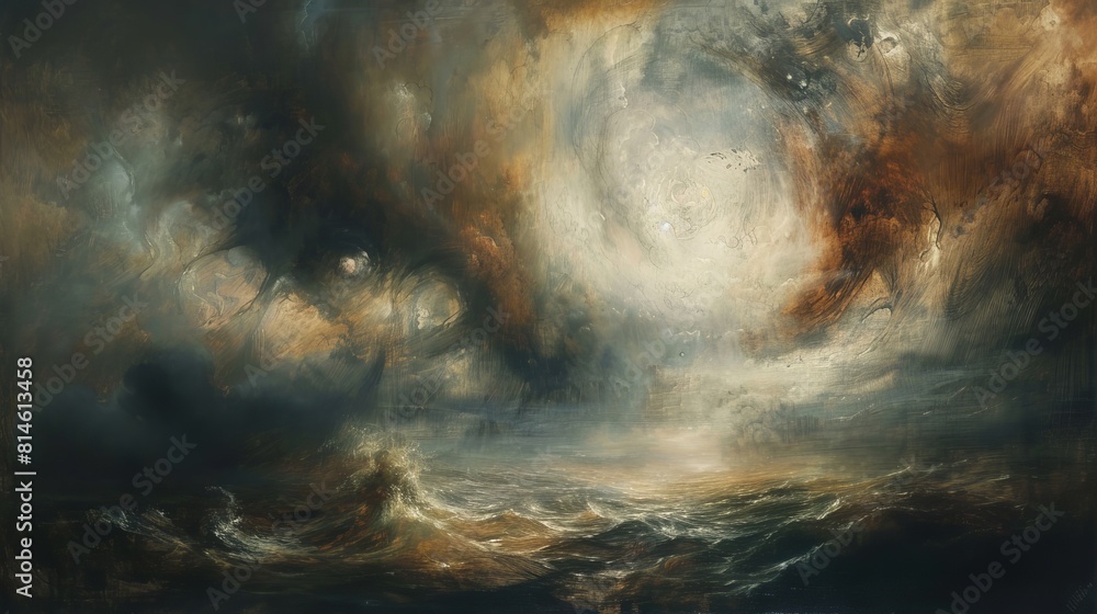 A painting of a stormy sea with a man in the water