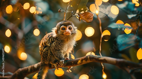 Spellbinding image of a Western pygmy marmoset perched in the jungle, with soft bokeh lights in the background creating a magical ambiance that highlights the primate's beauty.  photo