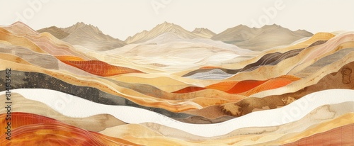 A watercolor painting features curved waves, with muted earth tones, engraved line-work, and emotive fields of color.