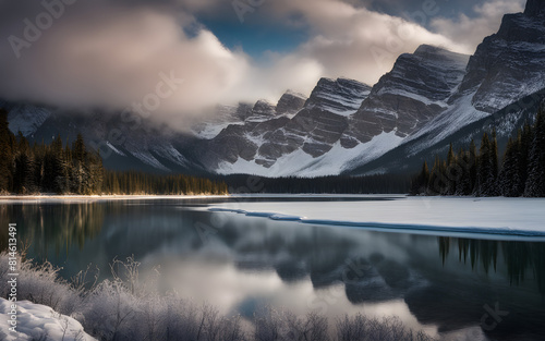 Frosty morning in Banff National Park, Canada, snowy peaks, serene lakes, winter wonderland