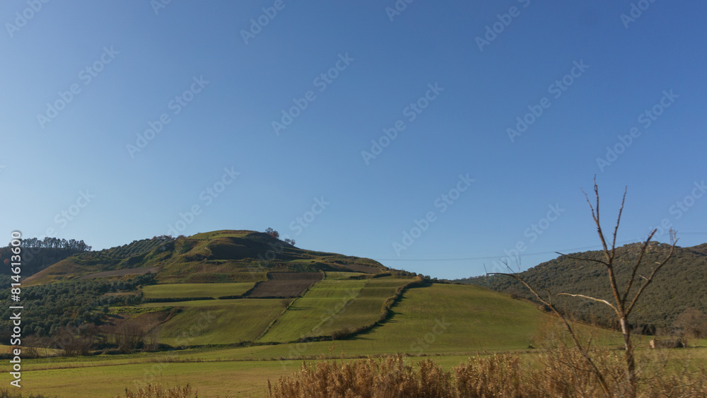 Fototapeta premium Typical landscape of hill side with fields and vineyards at Calabria, Italy
