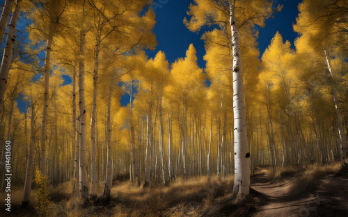 Golden aspens in the mountains, autumn splendor, crisp air, vibrant fall colors photo