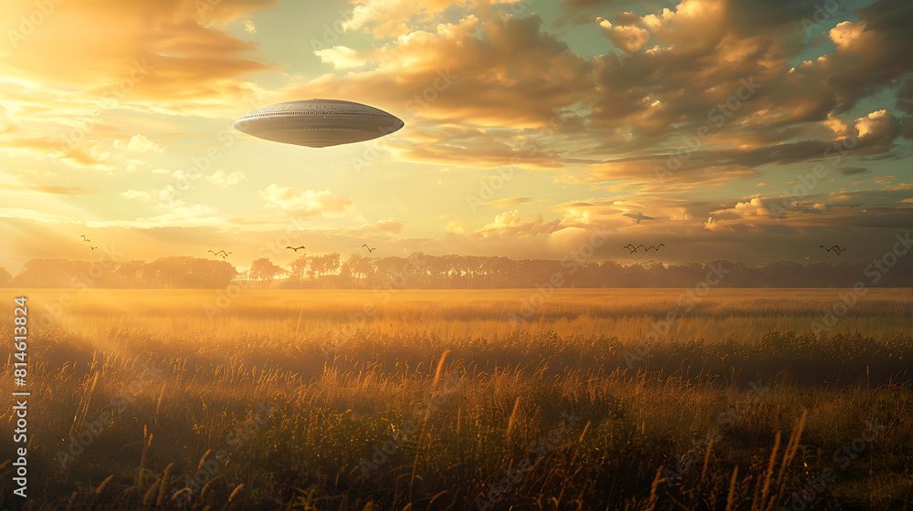 UFO floating over the grass sky and clouds background UFO floating over the grass sky and clouds background