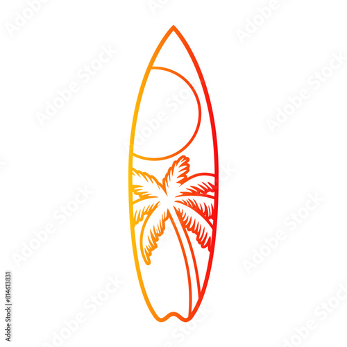 Logo club de surf. Silueta de tabla de surf con líneas con sol y la palma como paisaje