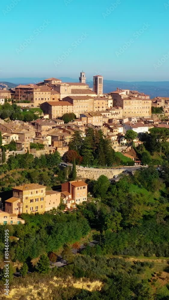 Drone vertical video of Monticchiello Tuscan hilltop village Italy. Drone vertical video of Monticchiello Tuscan hilltop village Italy.