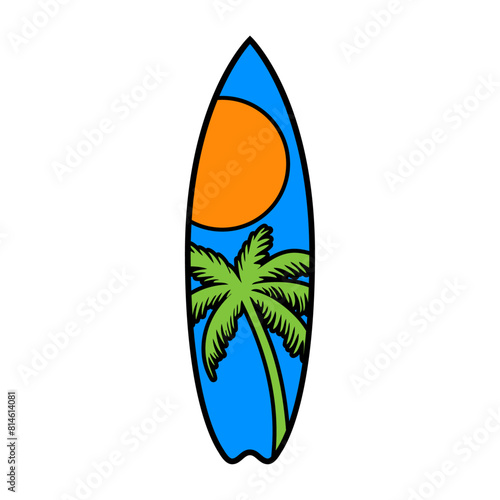 Logo club de surf. Silueta de tabla de surf con líneas y relleno con sol y la palma como paisaje