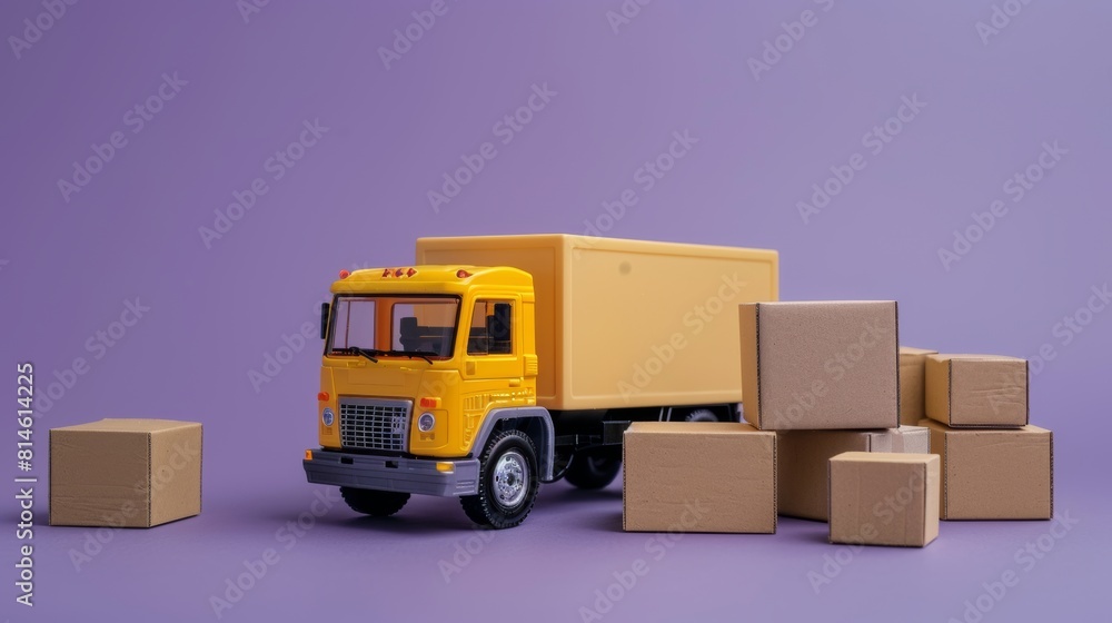 Generate artificial intelligence with a yellow delivery truck next to cardboard boxes on a purple background. The concept is logistics and moving. Generate artificial intelligence with a yellow delivery truck next to cardboard boxes on a purple background. The concept is logistics and moving.