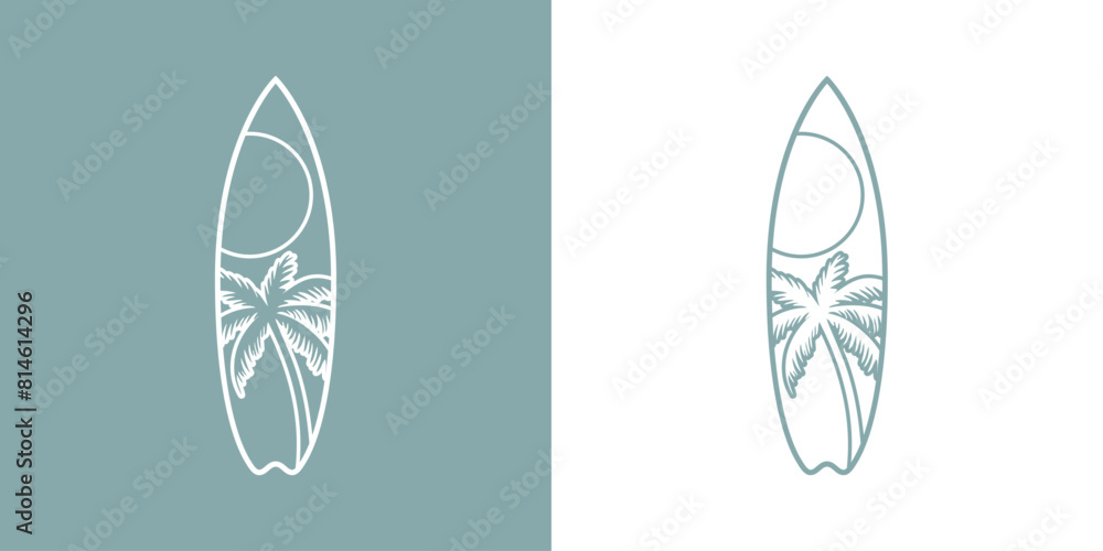 Logo club de surf. Silueta de tabla de surf con líneas con sol y la palma como paisaje Logo club de surf. Silueta de tabla de surf con líneas con sol y la palma como paisaje