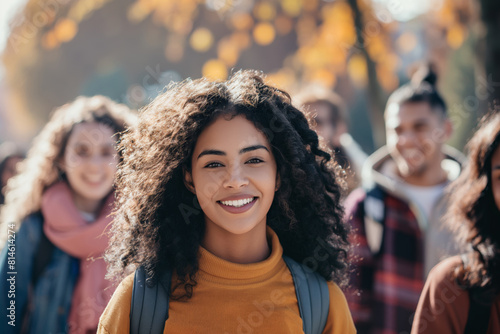 Cheerful young woman with curly hair smiling brightly, surrounded by friends on a sunny autumn day, embodies happiness and the warmth of the season in a park setting