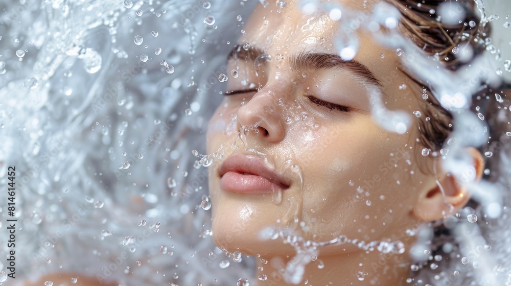 A woman is standing in a shower with her eyes shut, water cascading over her. She appears relaxed and lost in the moment of cleansing. A woman is standing in a shower with her eyes shut, water cascading over her. She appears relaxed and lost in the moment of cleansing.