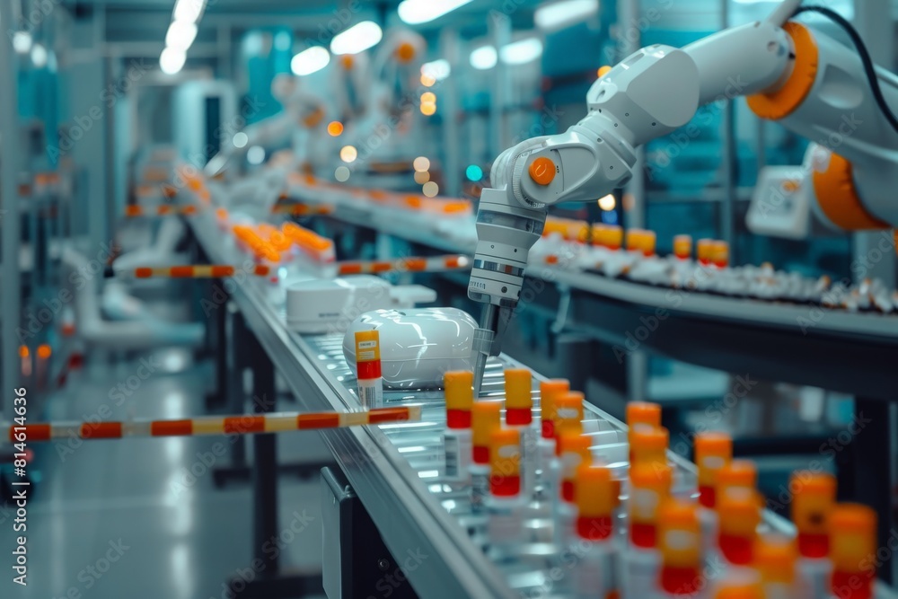 Fototapeta premium Smart Manufacturing Factory With Robotic Arms Working On Medicine Production On Conveyor Belt 