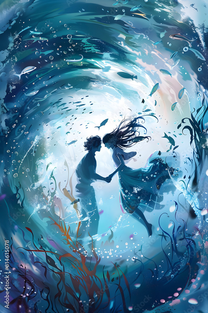 Fototapeta premium A couple is floating in the water and embracing. They are surrounded by beautiful coral reefs and exotic fish. The water is crystal clear