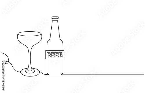 International Beer Day glass and bottle continuous one line drawing vector