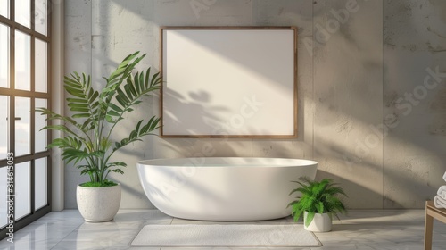 An interior scene showing a modern bathroom with a freestanding bathtub by a large window  a plant  and a blank poster on the wall.