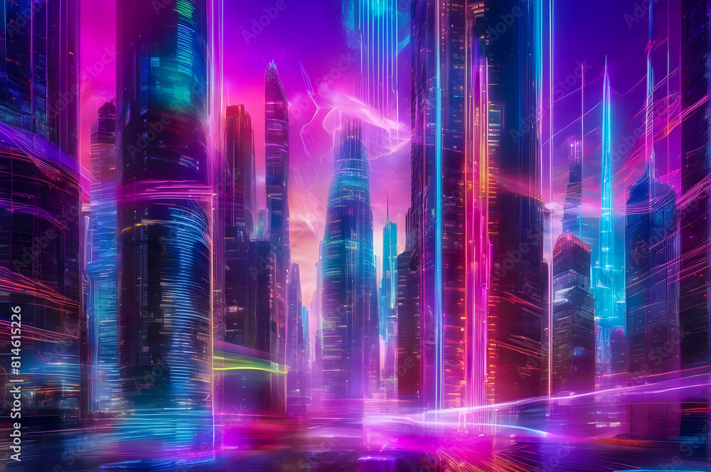 Fototapeta premium Neon City Skyline Reflected in a Wet Cyberpunk Street - Duality of Light and Shadow in a Technological Metropolis