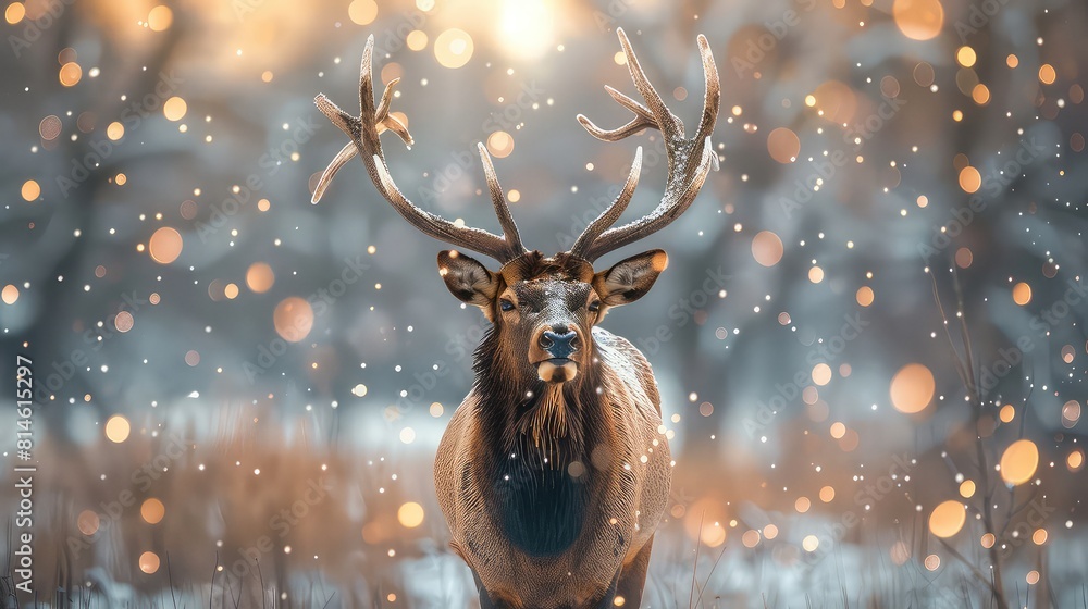 Intriguing shot of an elk in the midst of the rut, with sparkling bokeh lights in the background adding an ethereal quality to the captivating moment. Intriguing shot of an elk in the midst of the rut, with sparkling bokeh lights in the background adding an ethereal quality to the captivating moment.