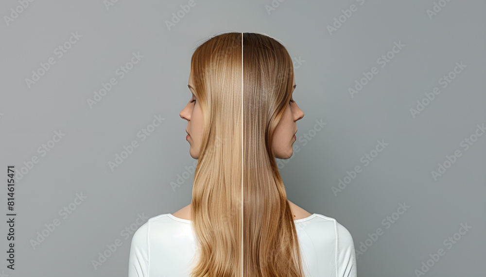 Photo of woman divided into halves before and after hair treatment on grey background, back view Photo of woman divided into halves before and after hair treatment on grey background, back view