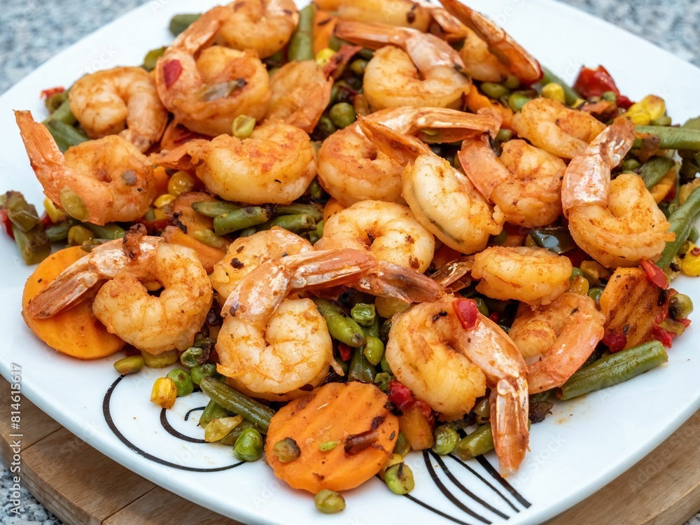 White plate with a delicious meal of shrimp and assorted vegetables White plate with a delicious meal of shrimp and assorted vegetables