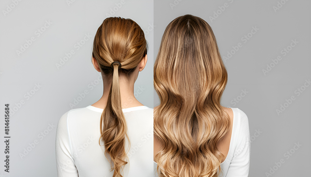 Fototapeta premium Photo of woman divided into halves before and after hair treatment on grey background, back view