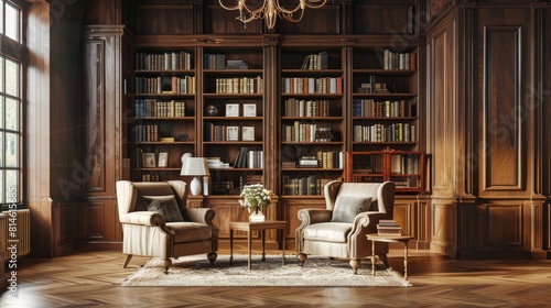 Living room corner with armchairs and bookcase made of wood