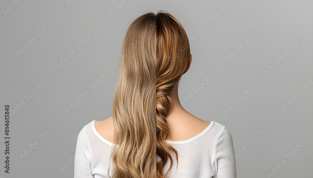 Photo of woman divided into halves before and after hair treatment on grey background, back view Photo of woman divided into halves before and after hair treatment on grey background, back view