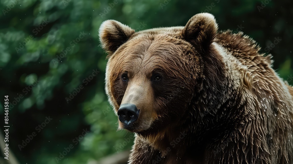 Enigmatic close-up of a brown bear with a soft bokeh of greenery in the background, conveying a sense of mystery and intrigue in the wilderness. 