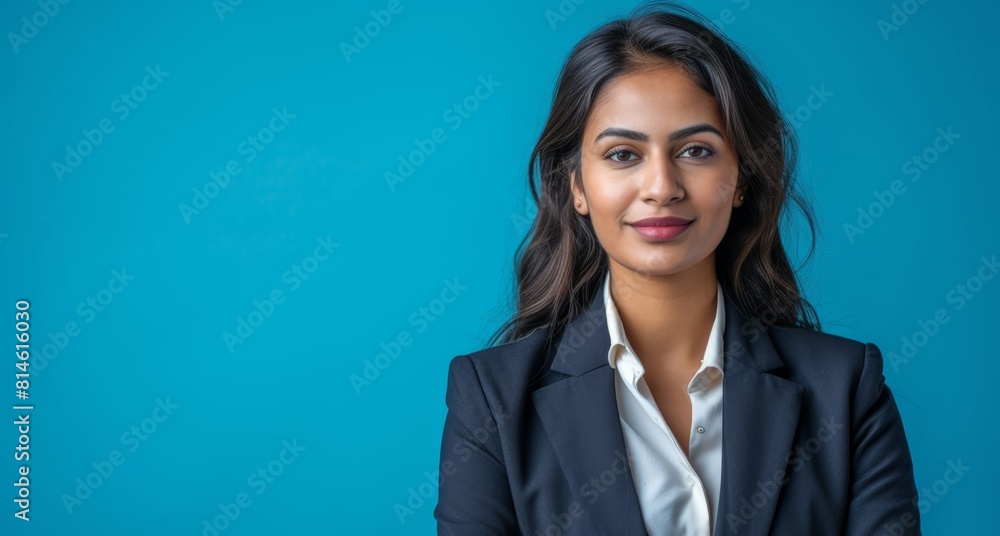 Confident professional woman in business attire against a blue background, suitable for corporate branding and employment-related materials. Confident professional woman in business attire against a blue background, suitable for corporate branding and employment-related materials.