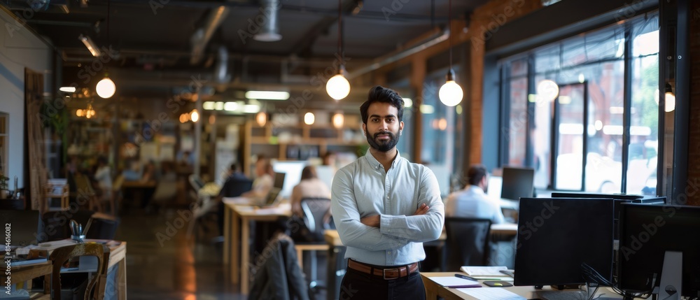 Confident man in a stylish, modern office with warm, soft lighting and contemporary design, suggesting a professional and creative work atmosphere. Confident man in a stylish, modern office with warm, soft lighting and contemporary design, suggesting a professional and creative work atmosphere.
