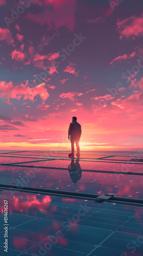 A man stands on a rooftop looking out at the sunset