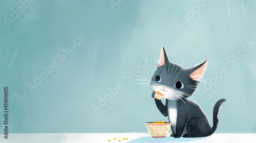 Tubby Cat eating cat food from a bowl, on a pastel blue background. Kitty nutrition, feline treats. photo