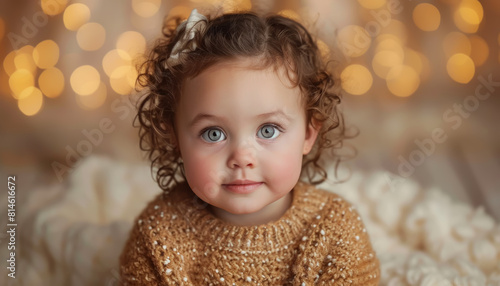 A delightful portrait of a young toddler in a shimmering golden sweater, her sparkling blue eyes and curly hair enhanced by the warm glow of festive lights in the background.