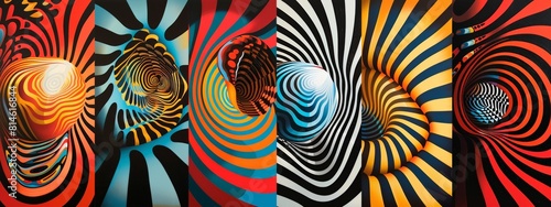 Optical illusions with colors overlapping shapes creating depth.