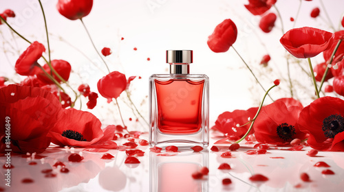 Petit flacon de parfum entouré de plantes et fleurs de coquelicots rouges. Arrière-plan blanc, rouge. Ombre et lumière. Nature, beauté, cosmétique, soin. Fond pour conception et création graphique. photo