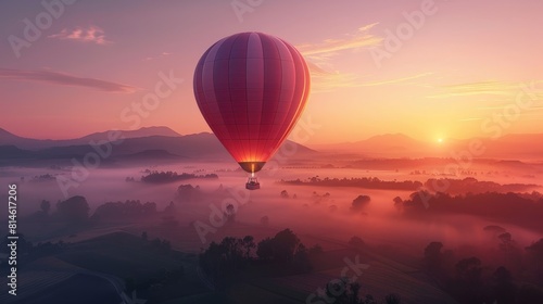 Silhouette of a hot air balloon floating over a misty landscape at dawn  representing leisure travel and the beauty of flight