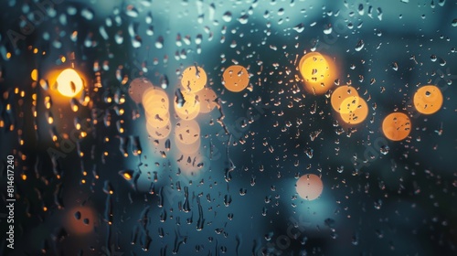 Rain drops are seen trickling down a window, with a street light shining in the background. photo
