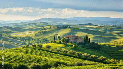 Warm sunlight bathes rolling hills and a vineyard near a rustic house in a peaceful countryside setting
