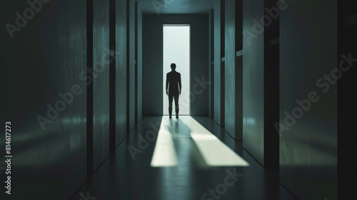 Silhouette of a person standing alone in a narrow hallway, light from a single window casting a long shadow, evoking a sense of isolation