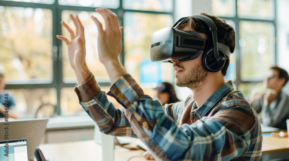 A man wearing a VR headset is playing a game A man wearing a VR headset is playing a game