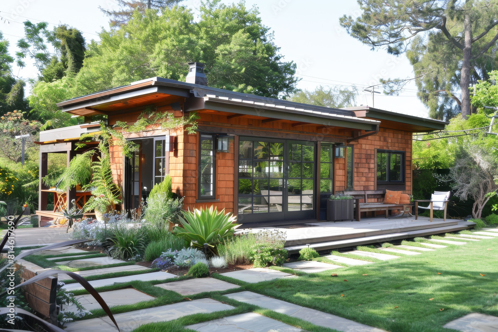 A small house with a porch and a patio A small house with a porch and a patio