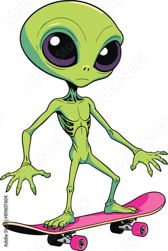Skateboarder of extraterrestrial origin wearing a green jumpsuit and purple trainers