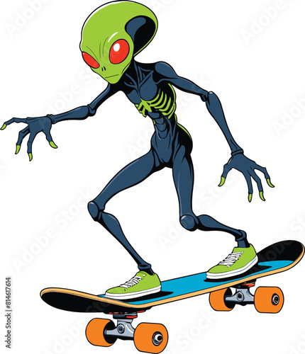 Skateboarder wearing a costume of an extraterrestrial being cruises down a hill